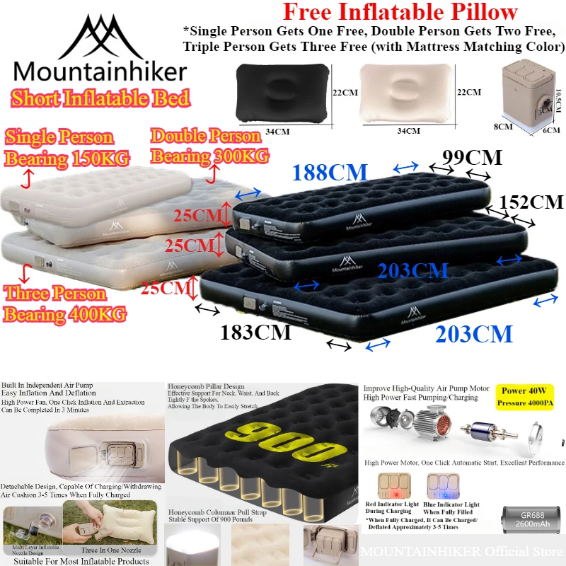 MOUNTAINHIKER 2025 인테리어 에어 매트리스 글램핑 매트 PVC 풍선 슬리핑 매트리스 1/3 인용 캠핑 침대 매트 내장 펌프