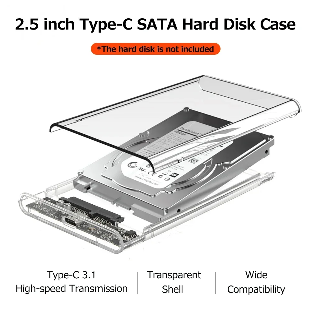 USB 3.0 HDD Case 2.5 นิ้ว SATA SSD ฮาร์ดไดรฟ์ภายนอกพร้อมความเร็วในการถ่ายโอน 5Gbps Clear Type C Harddisk กล่องเครื่องมือฟรี