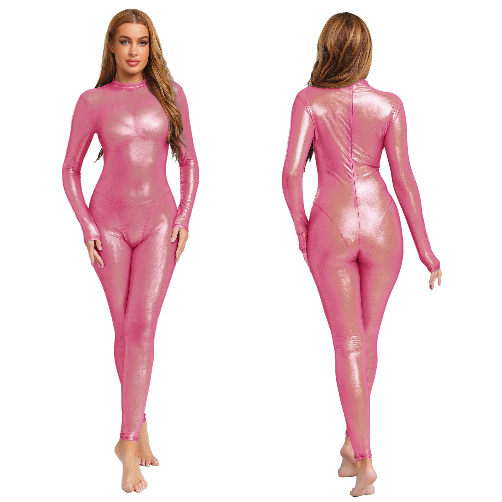 Frauen Metallic Shiny Ganzkörper Ganzkörper Ganzanzug Sheer Rave Party Nachtclub Overall Langarm Lange Hosen Zurück Reißverschluss Catsuit Clubwear