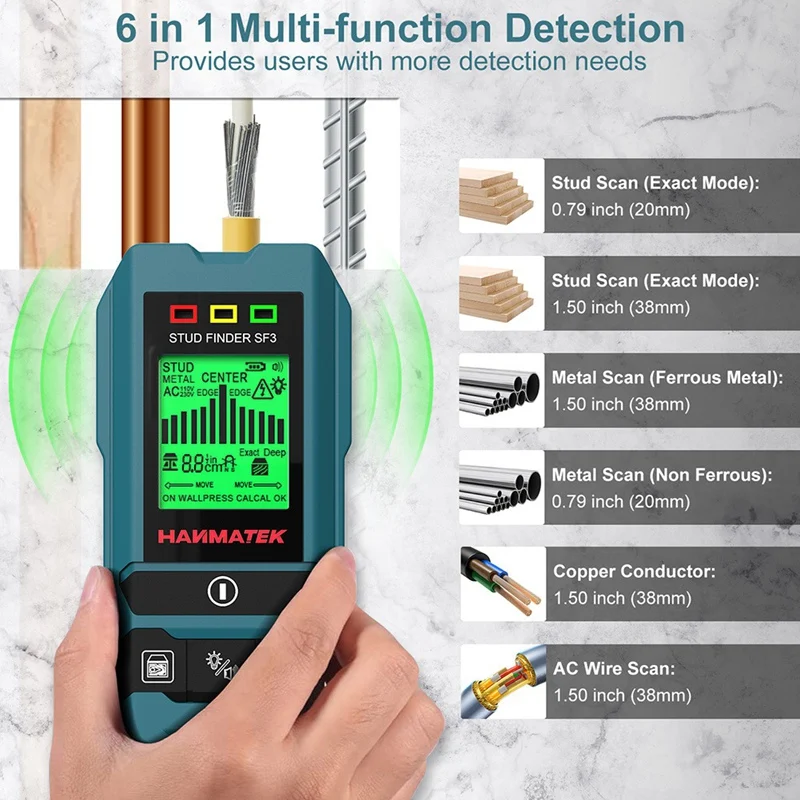 HANMATEK SF3 4-in-1 Stud Finder Houten noppen Metaaldetectie Detectie van live kabel Metaalmeting Finder Wanddetector Scanner