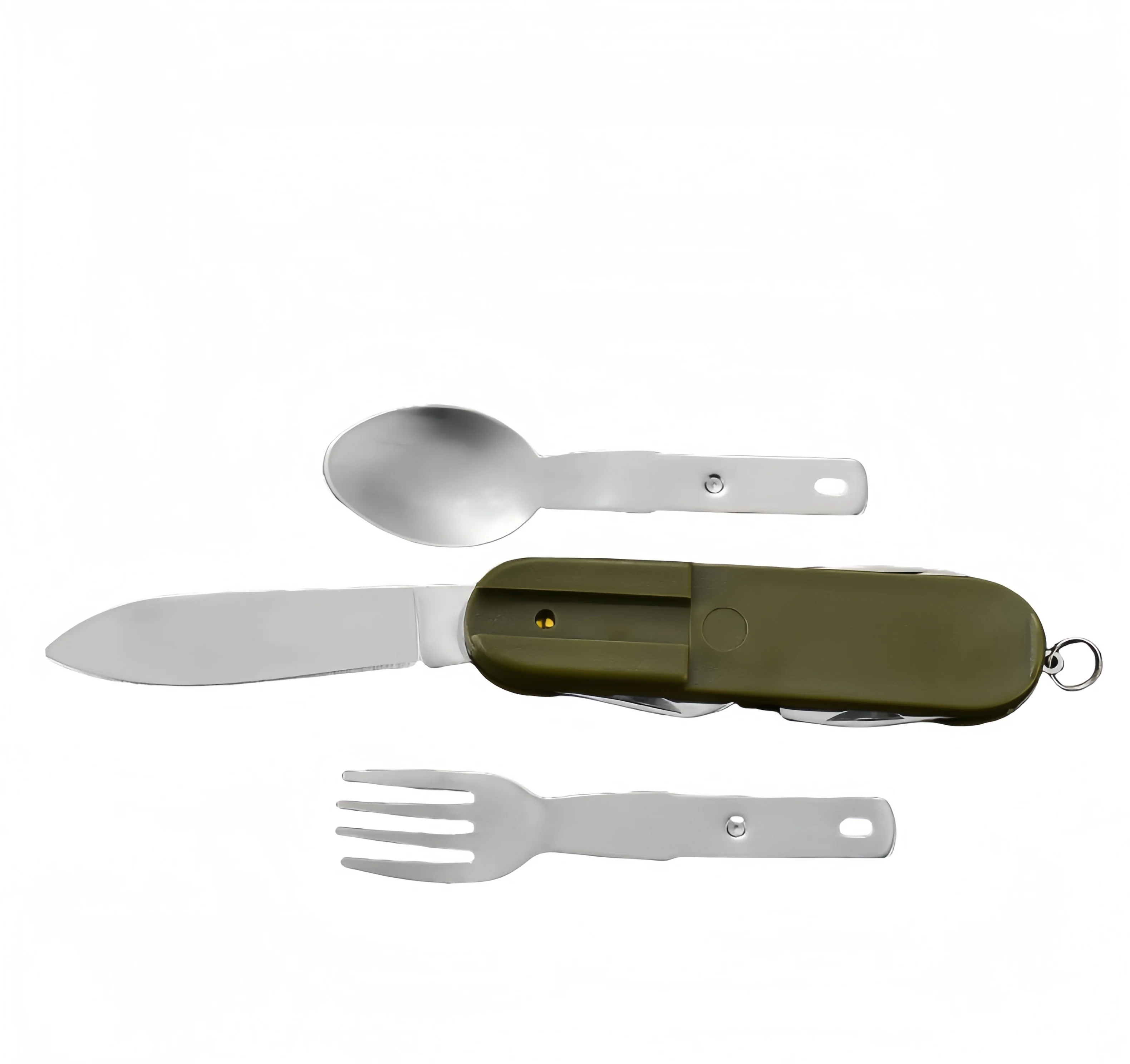 Outdoor 7-in-1 kampeeruitrusting Draagbare roestvrijstalen lepel, vork, mes, flesopener combinatieset Multifunctioneel EDC-gereedschap