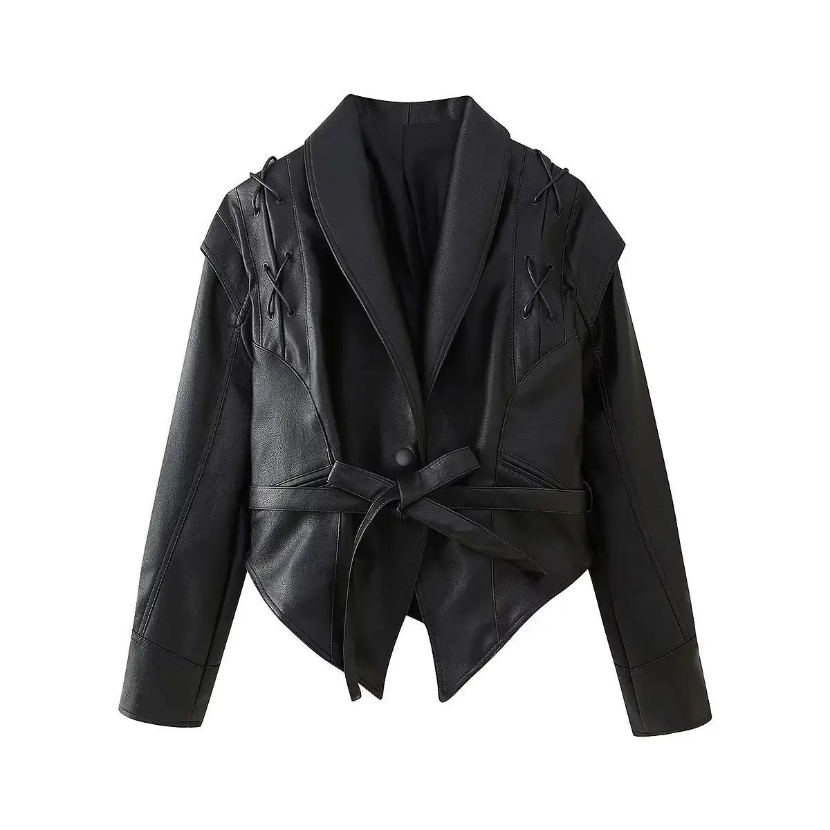Suninherat outono jaqueta de couro falso 2025 moda preto pu casaco com cinto lapela outwear feminino