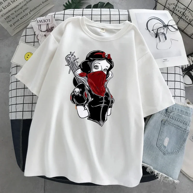 プリンセスプリント不思議の国のアリス女性 Tシャツトップス黒アリス白雪姫カジュアル半袖 Tシャツファムトップ Y2K