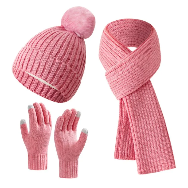 3Pcs Winter Knitting Beanie Hat Knitted Scarf Touchscreen Gloves Set for Women Warm, Winter Fur Pompom Thickened Plush Cap Set
