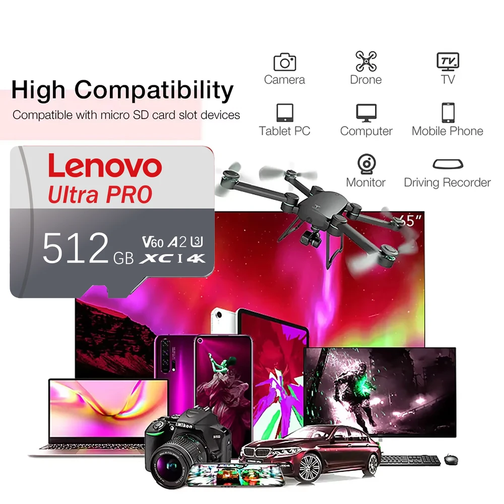 Lenovo 2TB SD Memory Card V30 128GB Micro TF/SD Card Class 10 High Speed Flash Memory Card 512GB 256GB SD Card For Camera Phone