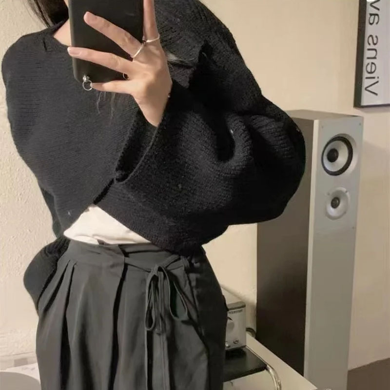 Pulôver de malha feminino elegante com decote em O, suéter casual, top solto de manga comprida, monocromático, nova moda, outono, 22933