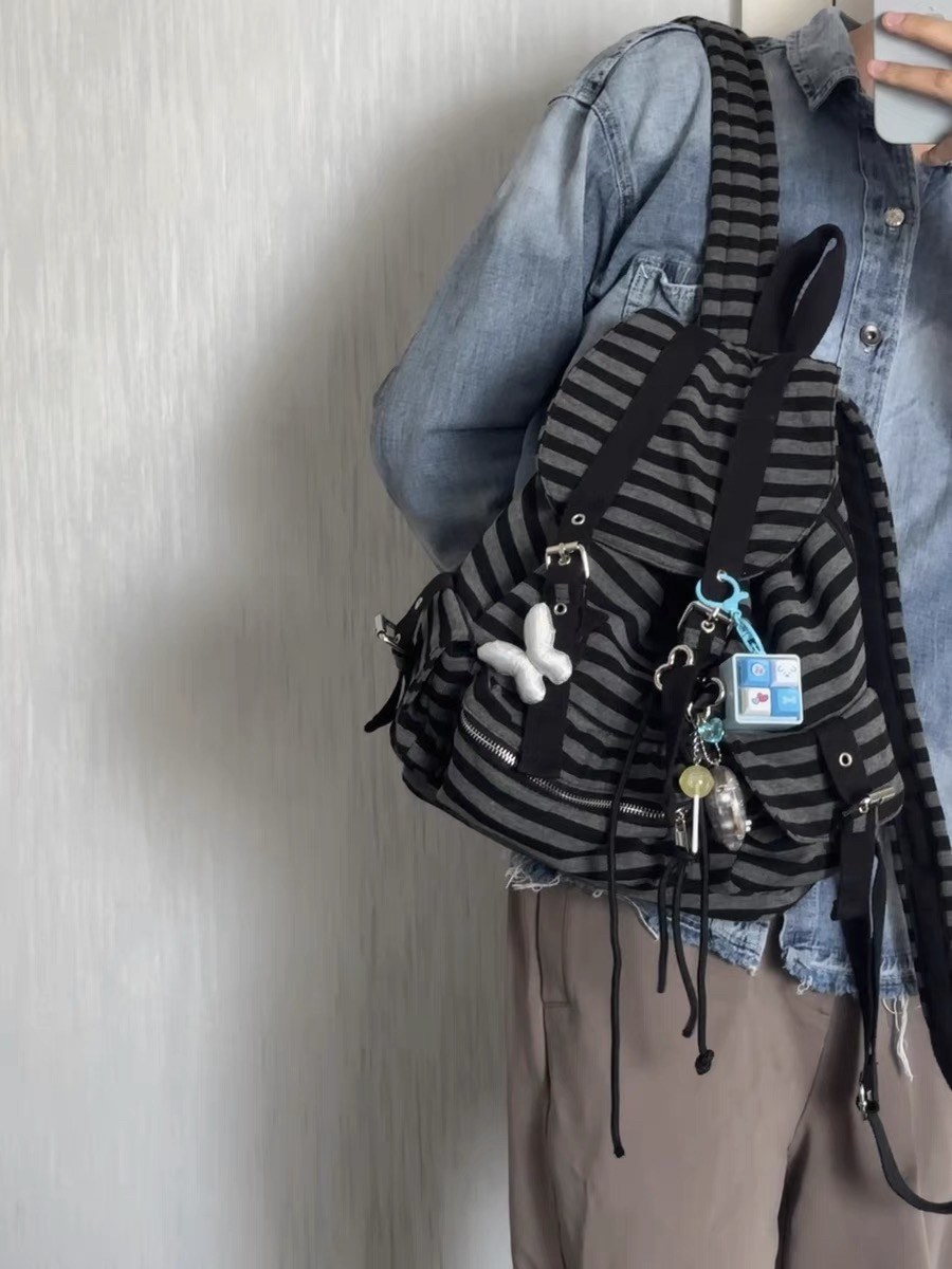 Korean Sle Retro Striped Large Capaci Double Shoulder Bag Casual Student Backpack for Class And Leisure Unisex Nylon Bag