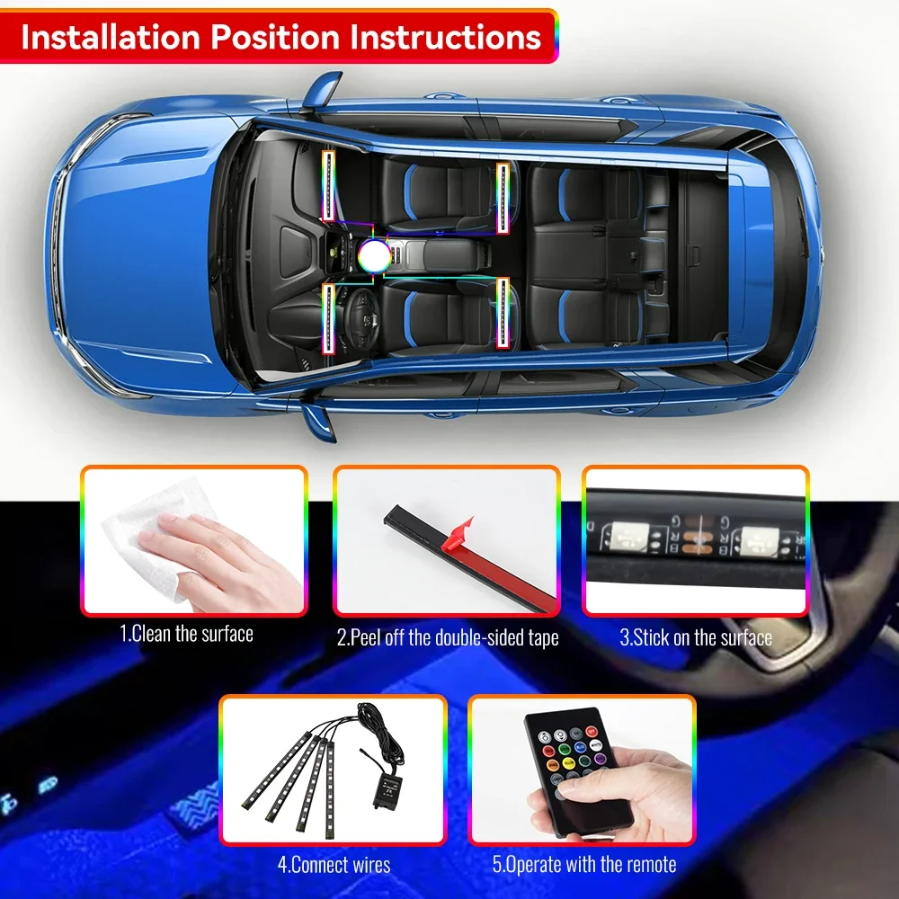 Neón 36 48 72 LED luz ambiental para pies Interior de coche Control remoto inalámbrico por aplicación de música lámpara decorativa de ambiente RGB automática