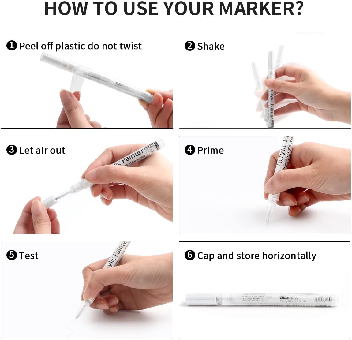 6Pcs/set White Acrylic Paint Pen for Rock Painting, Stone, Ceramic, Glass, Wood, Tire, Fabric Metal, Canvas Extra-fine Tip White