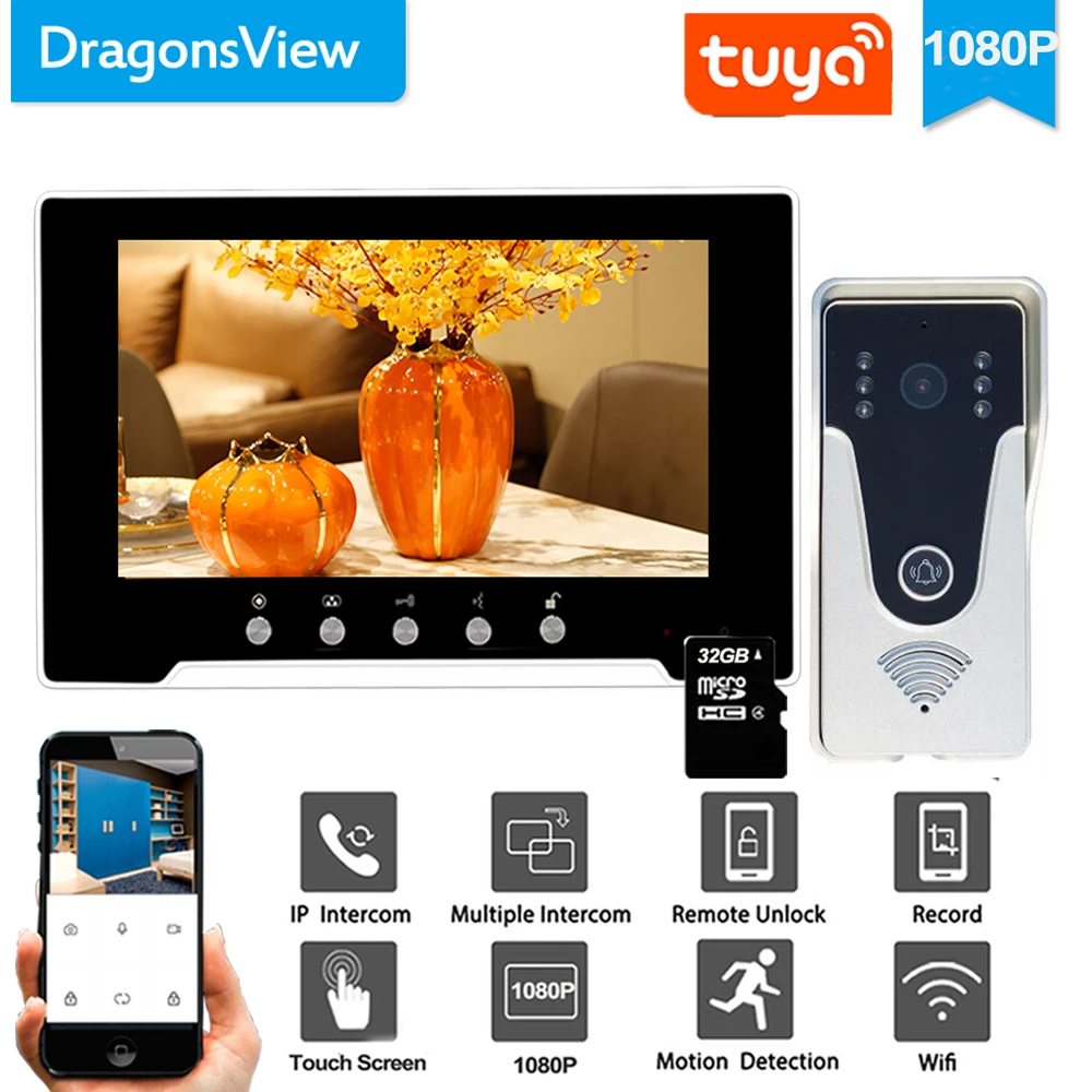 Dragonsview-videoportero Wifi de 7 pulgadas con cerradura, sistema de intercomunicación inalámbrico para puerta, timbre de desbloqueo con grabación de cámara