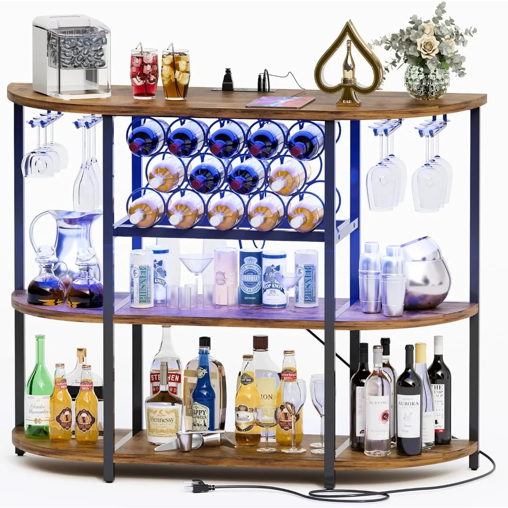 Wine Bar Cabinet for Liquor Bar Table Bar Cabinet with Lights and Outlet 4-Tier Storage Freestanding Wine Racks