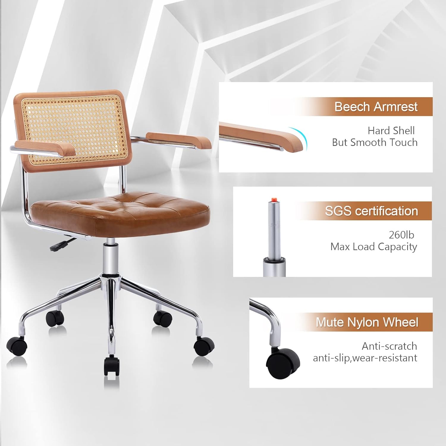 Cadeira moderna de escritório para casa, cadeira de mesa de couro com encosto de vime natural, ventilador para meninas e mulheres. Cadeira de trabalho para computador com altura ajustável