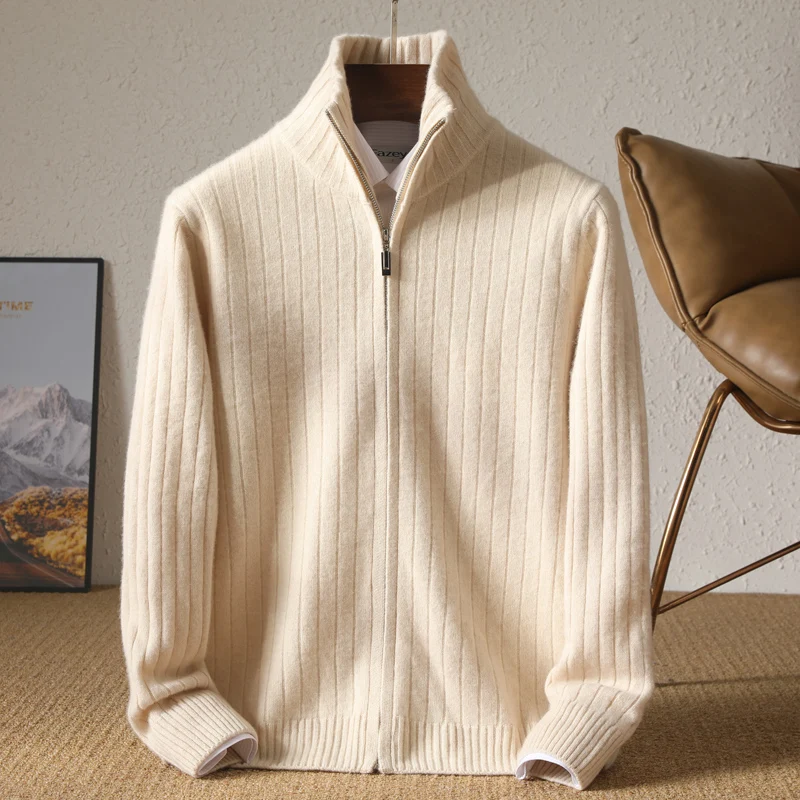 Männer 100% Merino Wolle Stehkragen Strickjacke Casual Stricken Business Zipper Mantel Herbst Winter Vielseitig Warme Männer Kaschmir Jacke