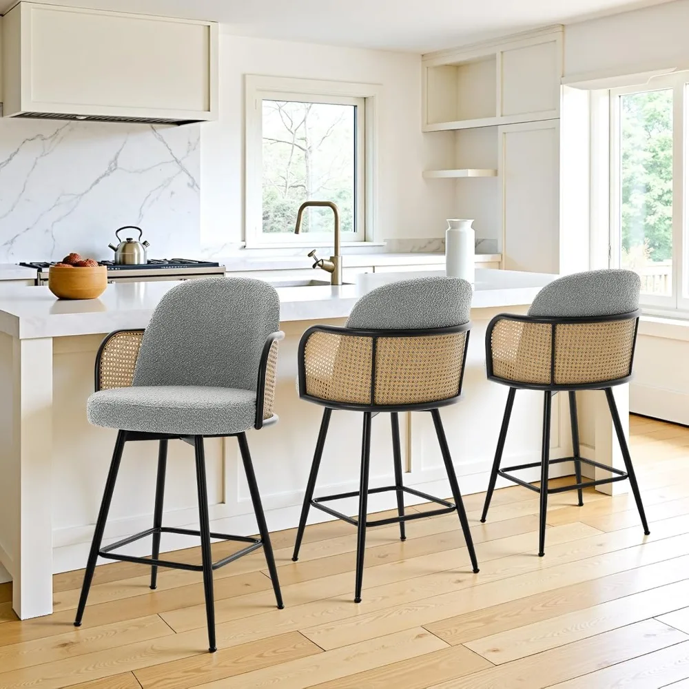 Counter Height Swivel Stools with Back, Boucle Fabric Upholstered Seat Counter Chairs, Modern Barstools with Metal Legs