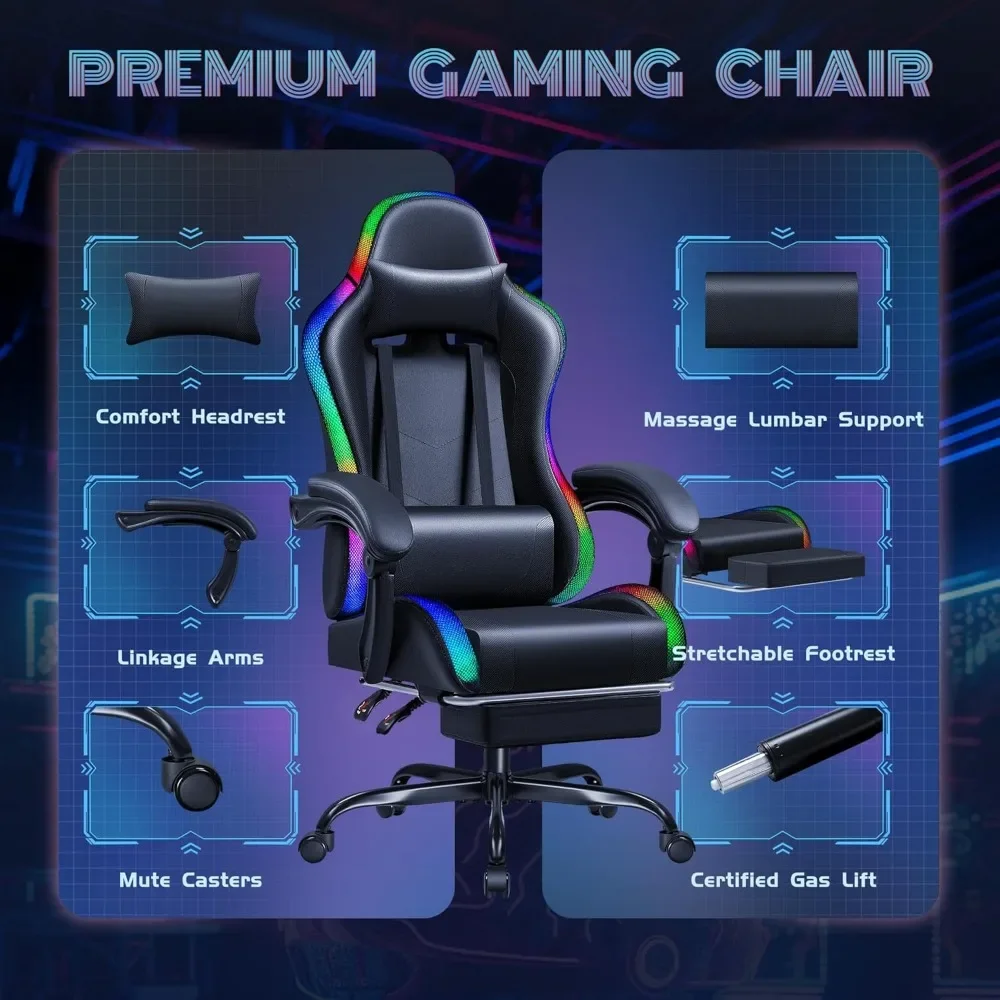Gaming Chair with RGB LED Lights, Video Game Chair with Footrest and Massage Lumbar Support, High Back Reclining