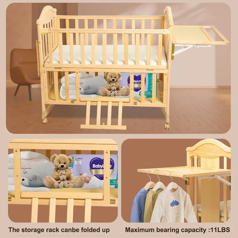 4-in-1 Convertible - Cunas para Bebes with Changing Shelf and Mattress Included,2024 Wood Baby