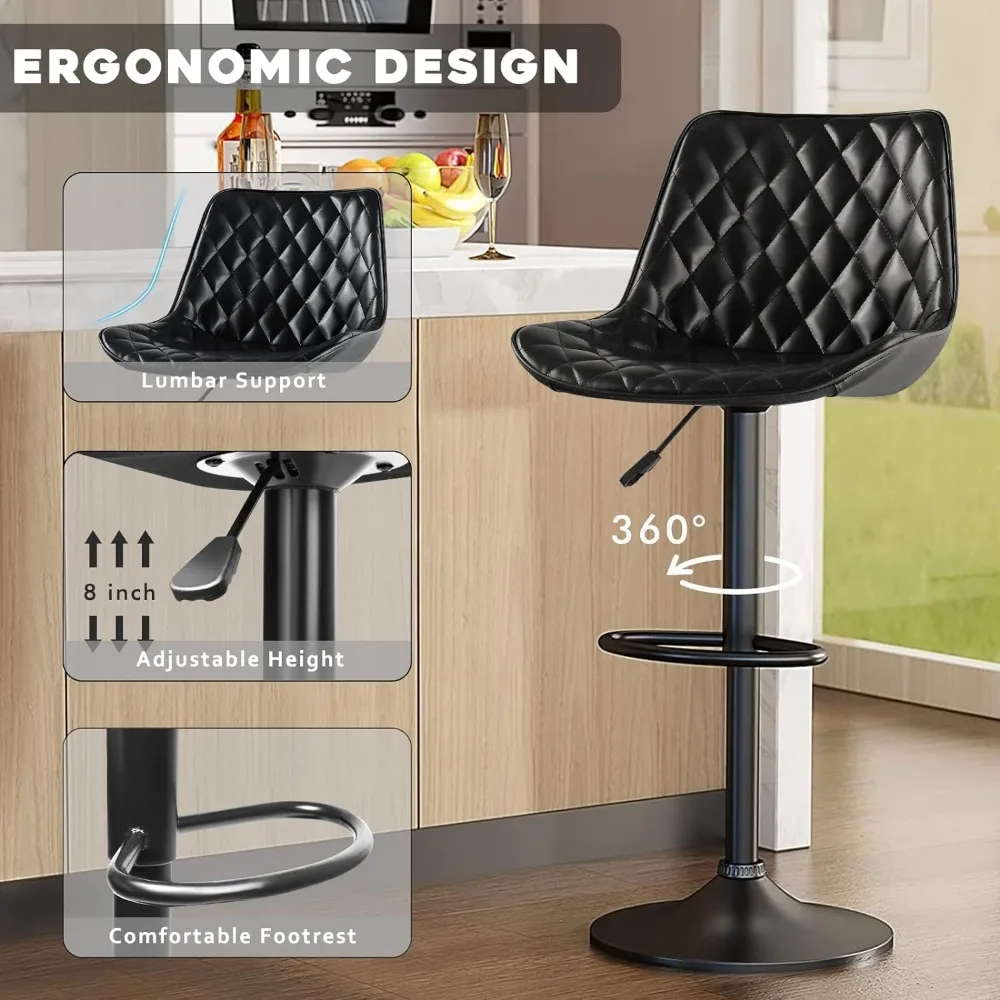 Bar Stools Set of 4, Adjustable Counter Height Leather Bar Stools with Back, Modern Swivel Armless Bar Chair for Kitchen Island