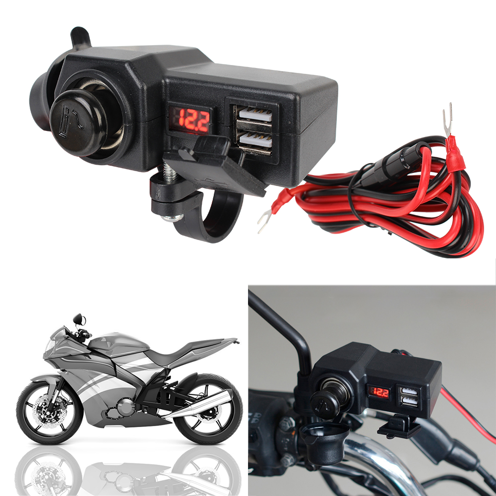 Tomada USB dupla com isqueiro, medidor de tensão digital, carregador de motocicleta, liga e desliga, 3.4 A Quick Charge 3.0, 10-24V