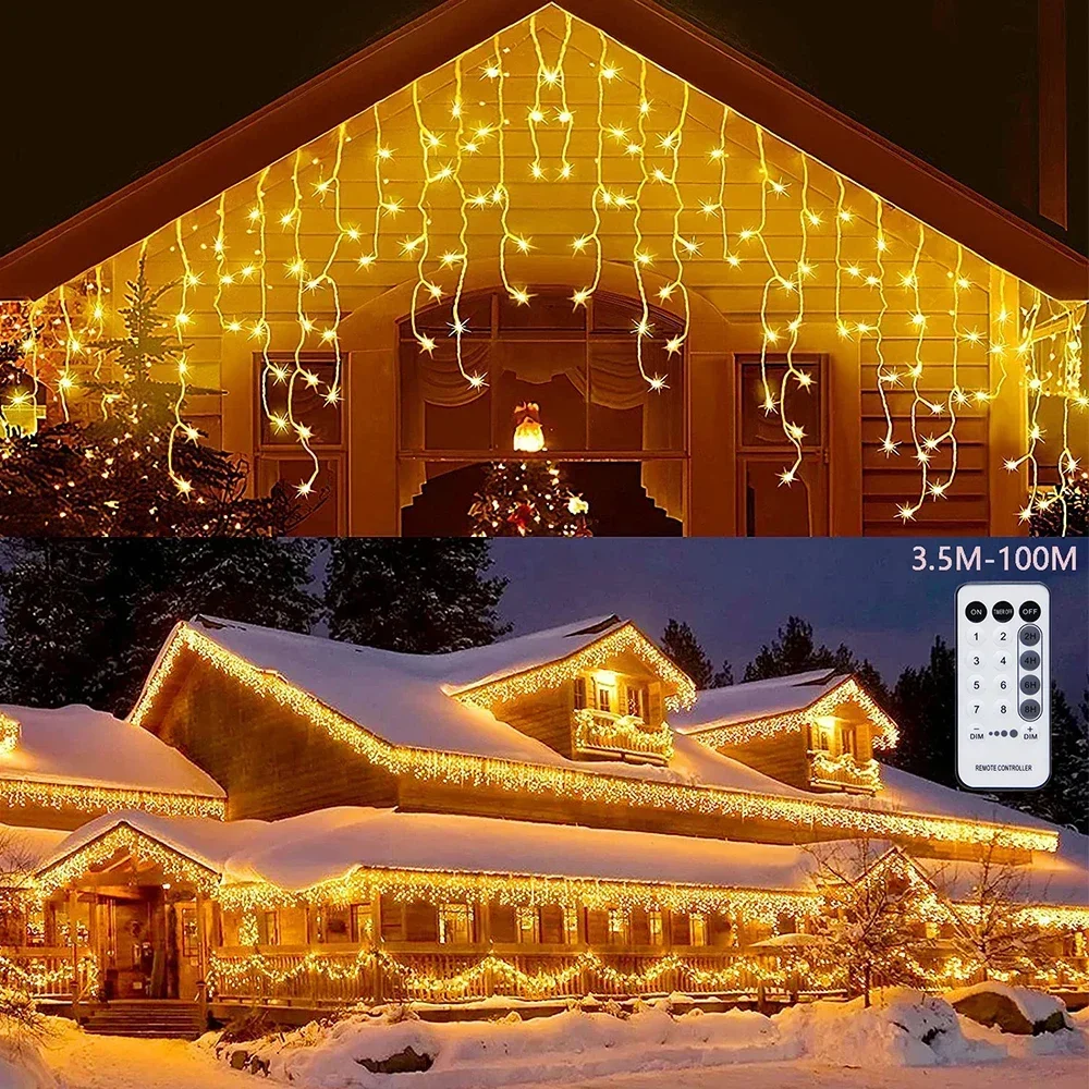 Guirnalda de calle en la casa invierno 2025 decoración navideña 2026 luces de cortina de carámbanos Led Fiesta de Patio de boda al aire libre 220V UE