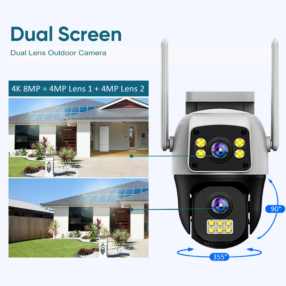 8MP 4G ซิมการ์ดกล้อง Dual Lens Dual หน้าจอไร้สาย WiFi การเฝ้าระวังกลางแจ้งมนุษย์ตรวจจับความปลอดภัย PTZ IP กล้อง