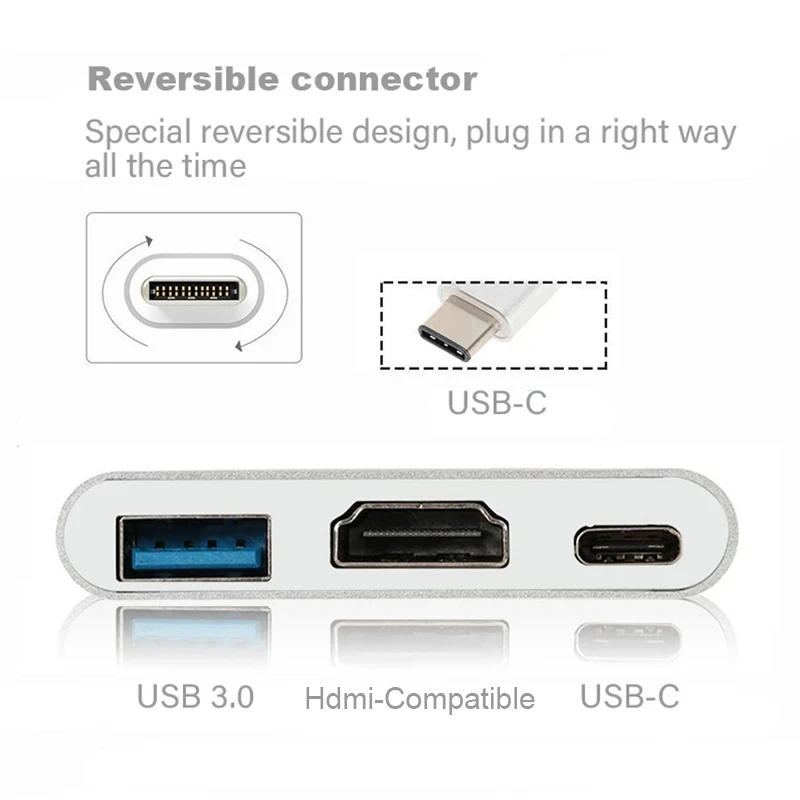 Conversor de cabo 3 em 1 compatível com USB-C para HDMI para Samsung Huawei iPad Mac USB 3.1 Tipo C para cabo adaptador 4K compatível com HDMI