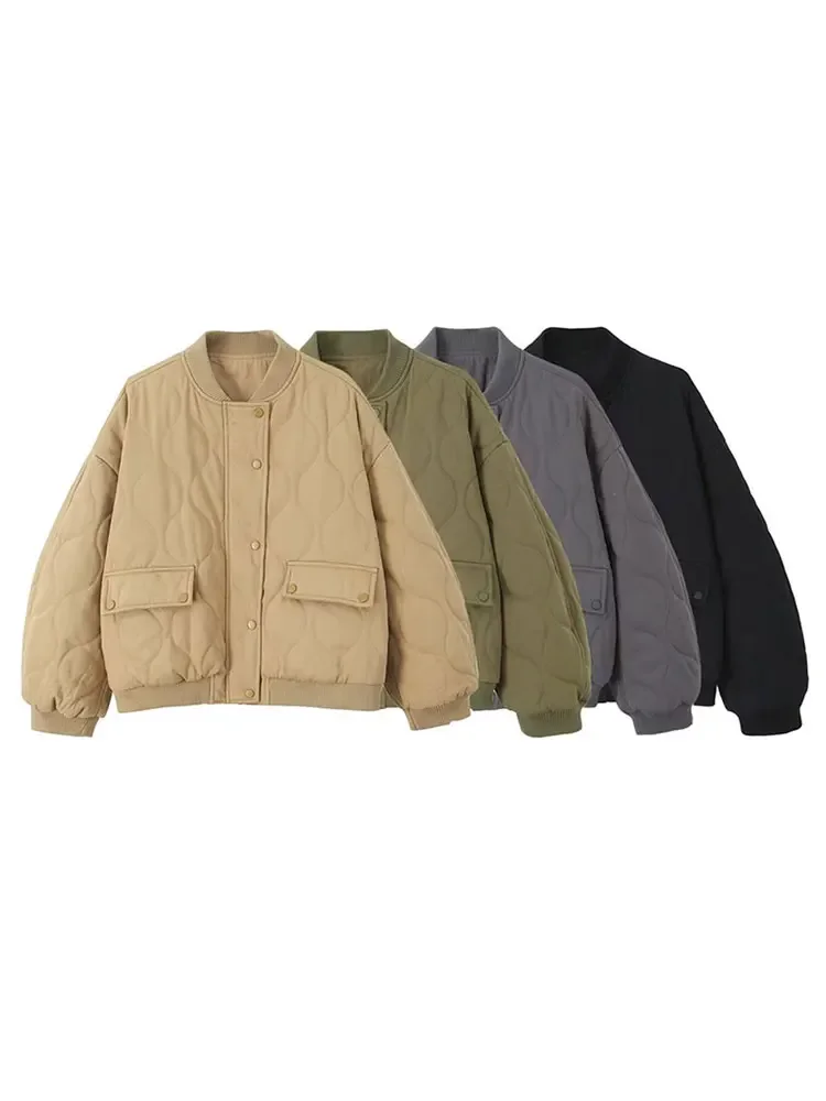 Chaqueta acolchada de algodón gris con una hilera de botones para mujer, abrigos informales de manga larga con cuello levantado y bolsillo, prendas de vestir exteriores para ir al trabajo en otoño e invierno
