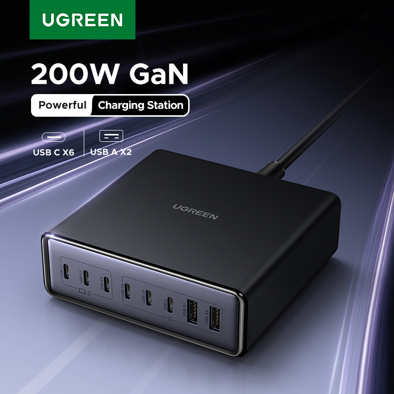 UGREEN 200 Вт GaN Зарядное устройство 8 в 1 Настольный ноутбук Подставка для быстрой зарядки для iPhone 17 16 15 Pro Max Macbook Air Xiaomi Samsung Tablets