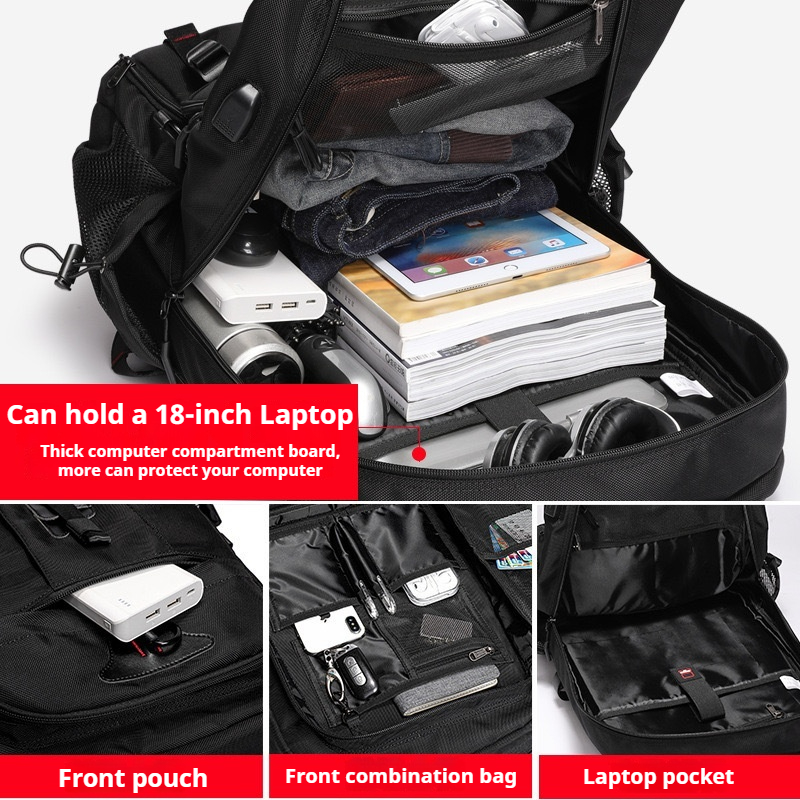 Mochila de negócios masculina mochila de viagem à prova d'água com carregamento USB grande capacidade mochila para laptop de 18 polegadas mochila preta 8107