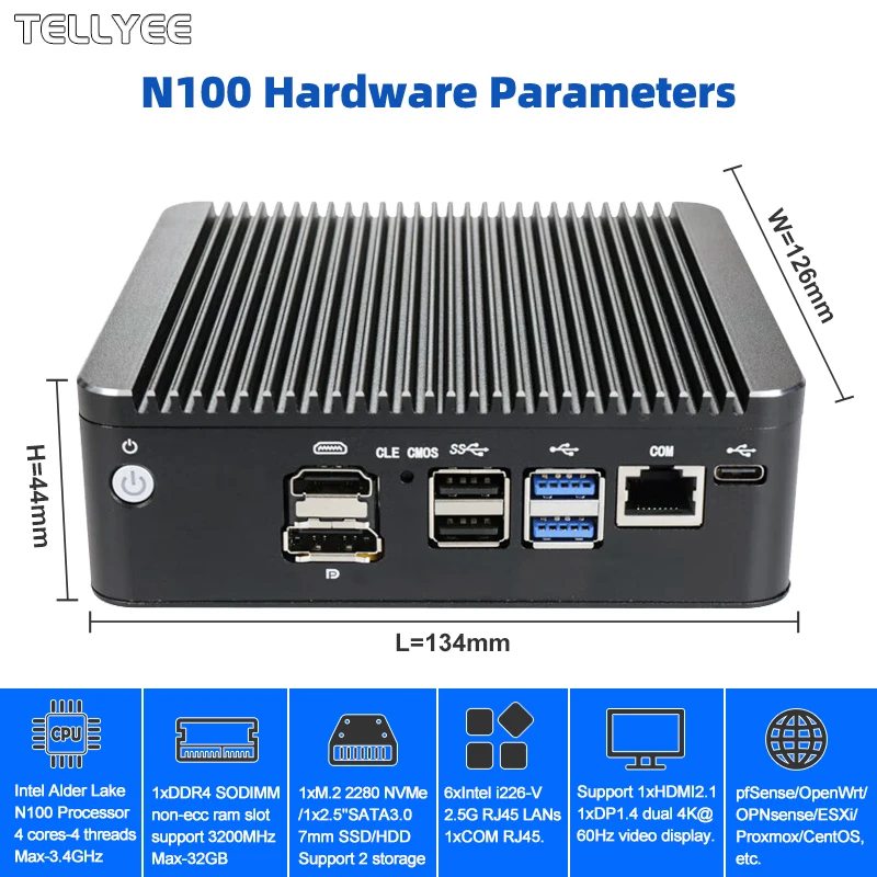 Intel N100 Soft Router 6 Lans i226-V 2.5G Fanless Mini PC COM HD DP USB Type-C pfSense Firewall Appliance OPNsense ESXi Computer