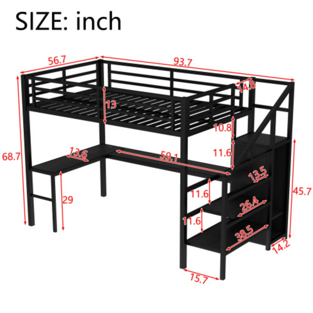 Full Size Loft Bed with L-shaped Desk and USB, Metal Loft Bed with Wardrobe and Adjustable Shelf, High Loft Bed with LED for Kid