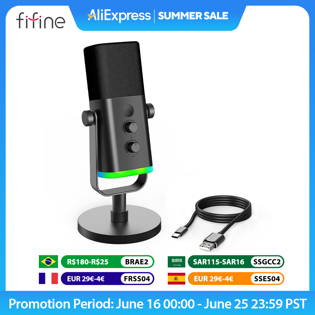 FIFINE USB/XLR Динамический микрофон с управлением RGB/разъемом для наушников/отключением звука, микрофон для игровой записи ПК Потоковое усилениеGame-AM8