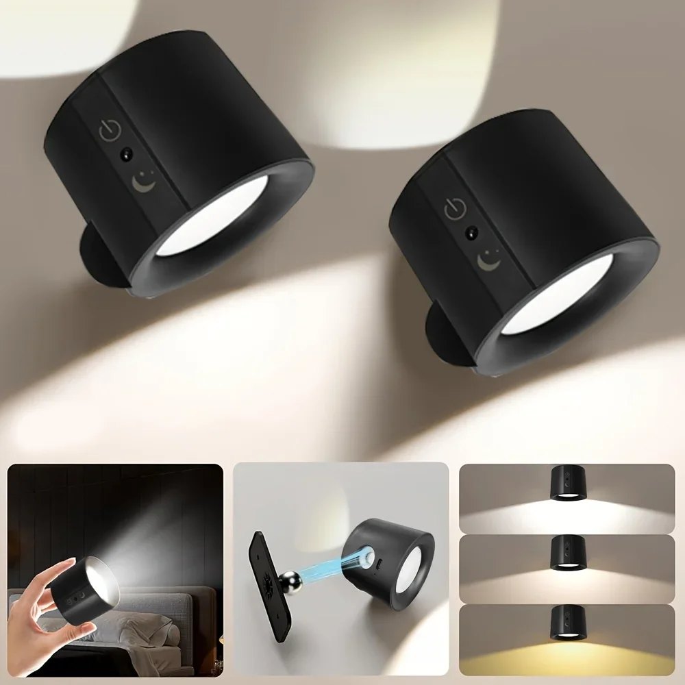 Lámpara de pared LED magnética de doble cabezal recargable 360 °   Foco de control remoto inalámbrico de rotación para decoración de dormitorio y sala de estar