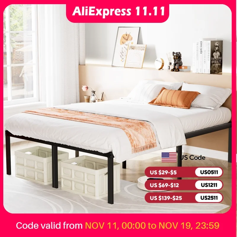 JHK Basic Twin Full Queen King Size Bed Frame Metal Platform Bedroom Frames with Storage Space Sturdy Steel Slat Support 350LBS