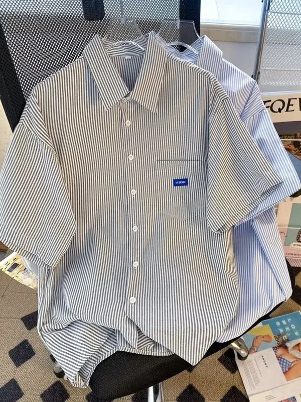 Csa de Verano para Hombre, a Rayas, Manga Corta, Corte Hoado, Deada, con Botones, Informal, Versátil, Estilo Juvenil, ...