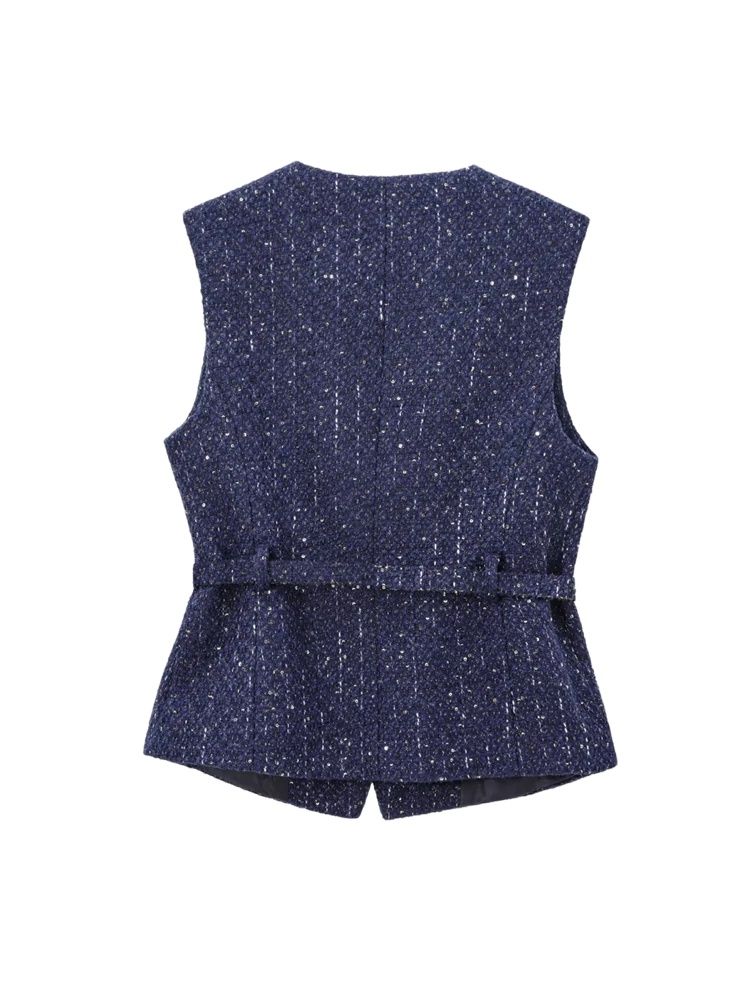 TRZA – Colete feminino de tweed com cinto, gola redonda, sem mangas, botão frontal, agasalhos femininos, tops chiques, moda