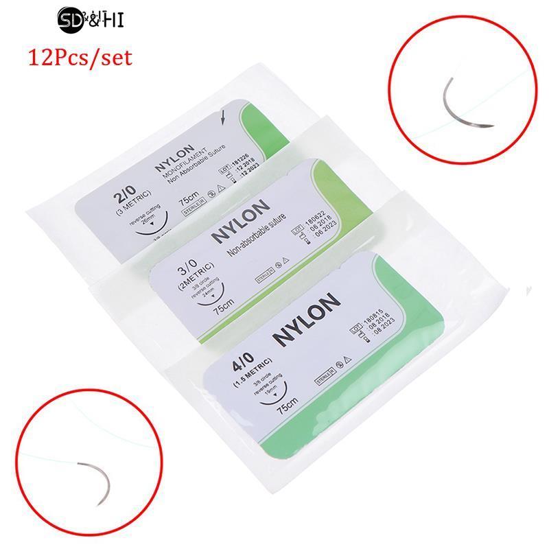 12 шт., 2/0, 3/0, 4/0, игольчатый шов, нейлоновый монофиламент, неповрежденный шов, медицинская нить, шов для быстрого использования