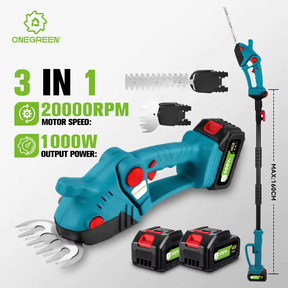 ONEGREEN 3 IN 1 Telescoping Pole Electric Hedge Trimmer 20000RPM Shrub Weeding Pruning Garden Power Tools For 21 18V Battery