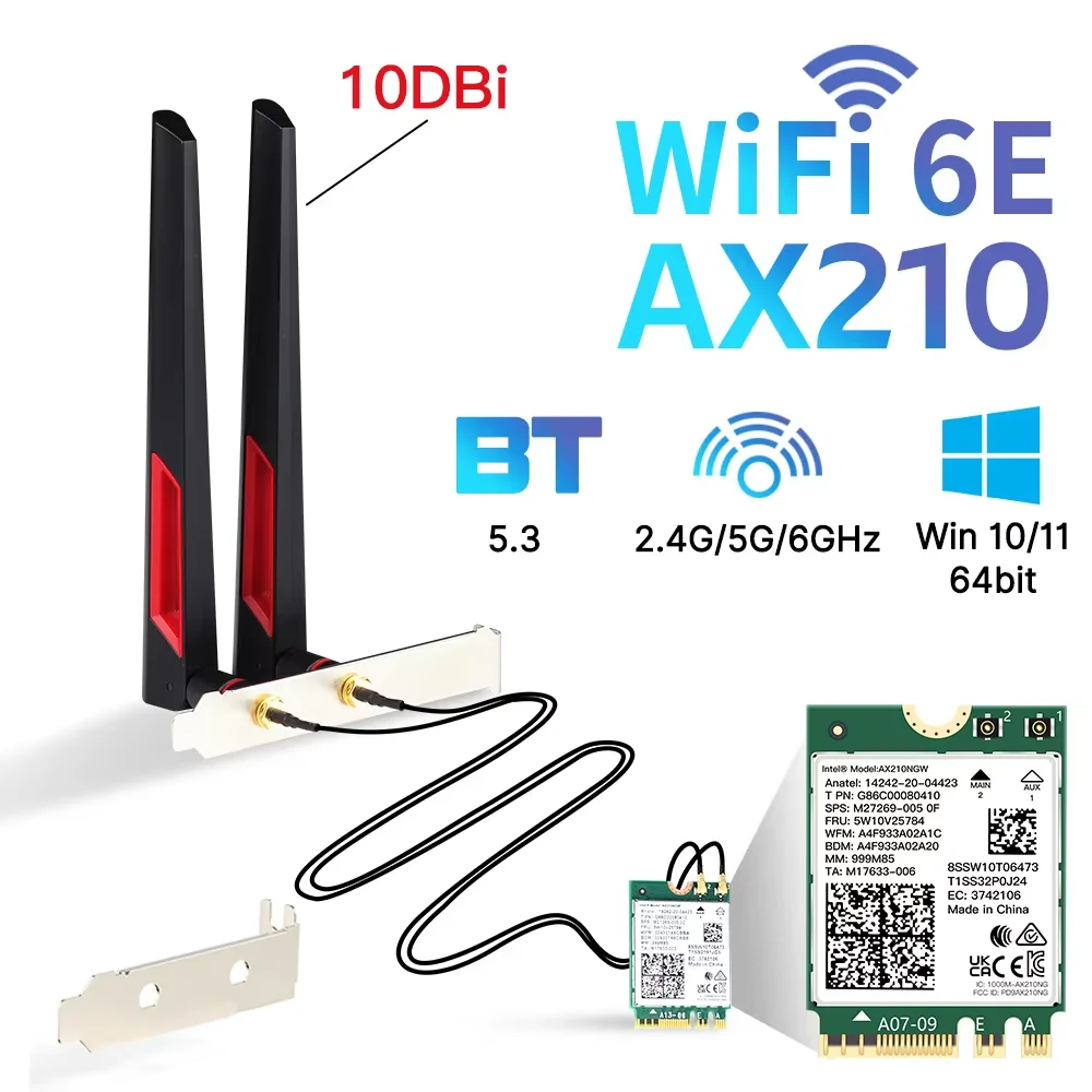 5374 Мбит/с для Intel AX210 802.11ax Wi-Fi 6E карта Bluetooth 5,3 MU-MIMO AX210NGW Настольный комплект 2,4G/5G/6 ГГц Wi-Fi адаптер Win 10/11