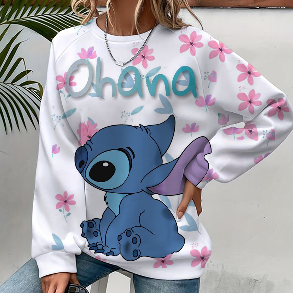 Sweat à capuche pour femmes, imprimé Disney Stitch, mode automne quotidien, manches longues, col rond, pull ample, dessin animé, Style Boho