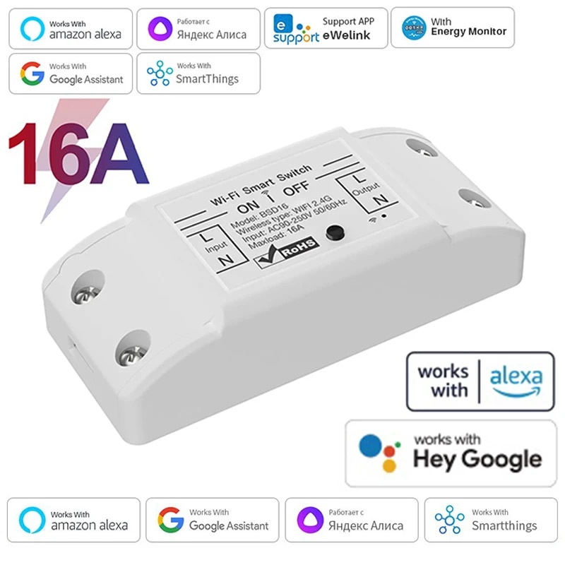 WiFi Interruptor Inteligente para Casa, Controle Sem Fio, Relé Disjuntor, Controle Remoto por Voz, Suporte Alexa, Google Home, Ewelink, 16A