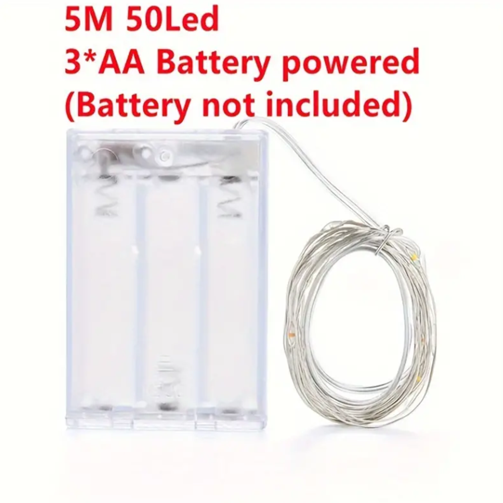 5m 50LED Fairy Light AA Battery Powered, Red Copper Wire Light, Suitable for Bedroom, Christmas, Party Decoration
