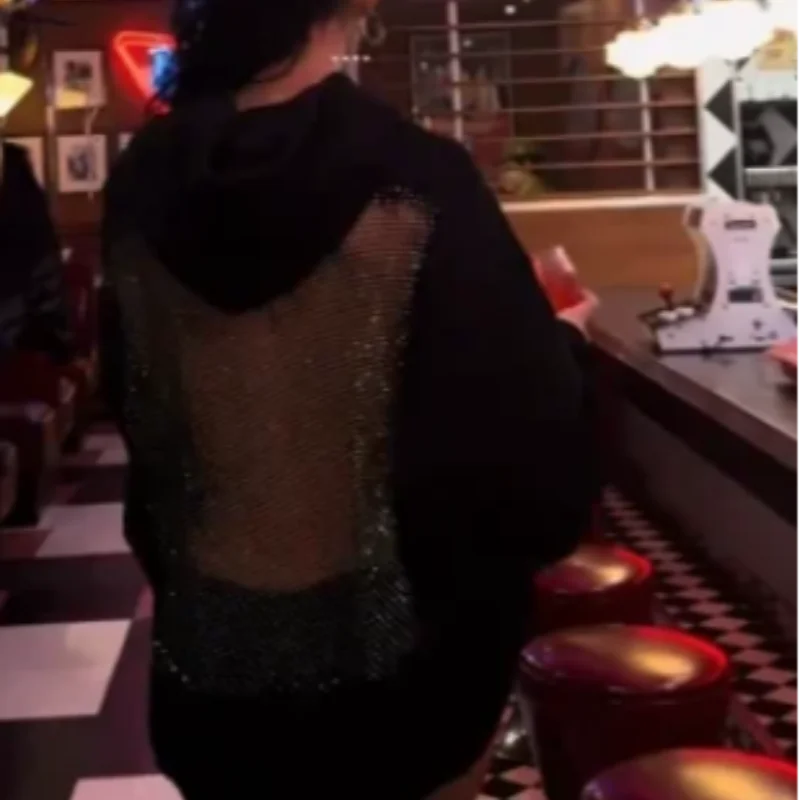 Chique oco para fora jaqueta com capuz para mulheres gótico oco malha sweatsuit sólido emendado streetwears 2025 nova senhora moda y2k outwear