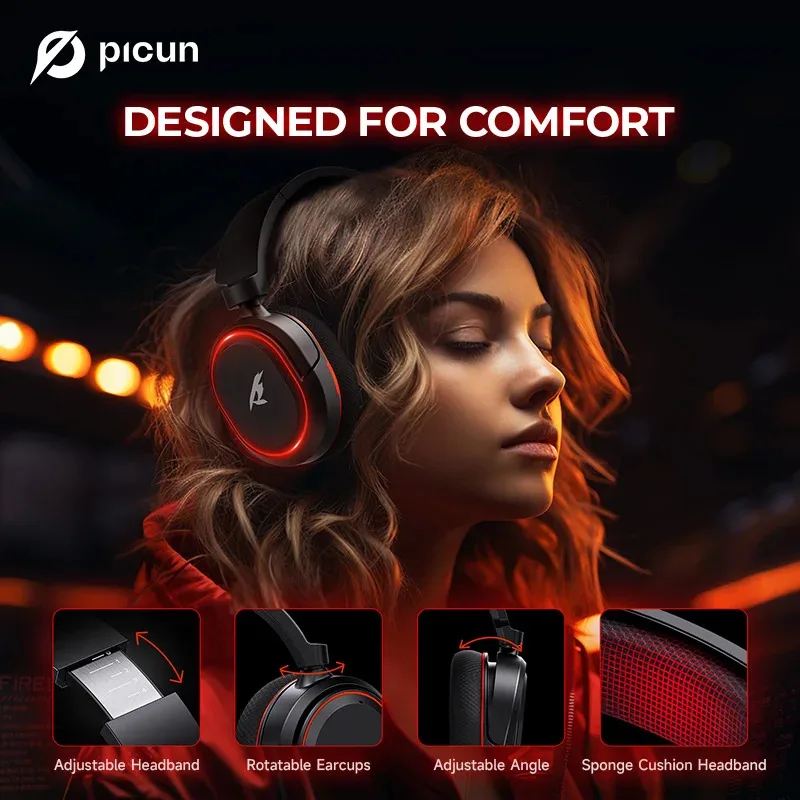 Picun G2 2.4G Wireless Gaming Headset Bluetooth Headphones 5ms Low Latency 7.1 Surround ENC Mic For PC PS4 PS5 Phone Switch