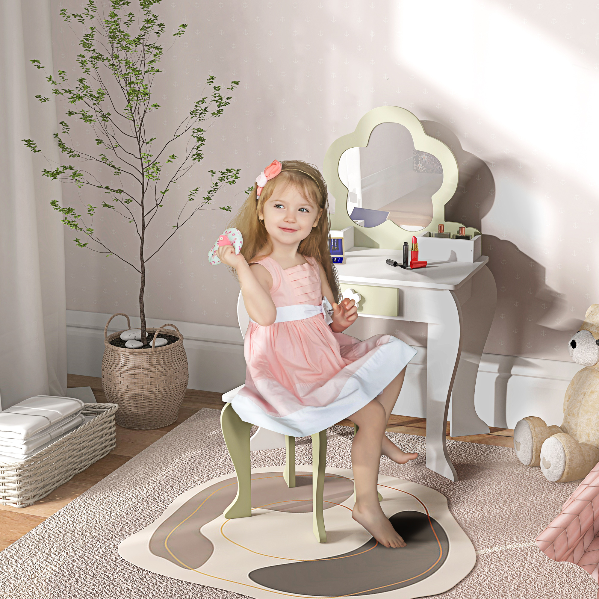 Zonekiz Coiffeuse pour fille avec miroir et tabouret 55X34X87.5 cm Blanc et vert
