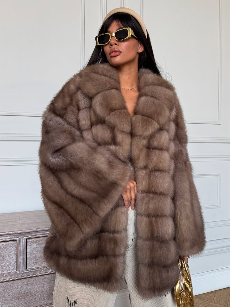 Femmes élégant fausse fourrure manteau cloche manches revers daim Surface ceinture manteaux Unique luxe tempérament 2025 nouvel hiver haute rue