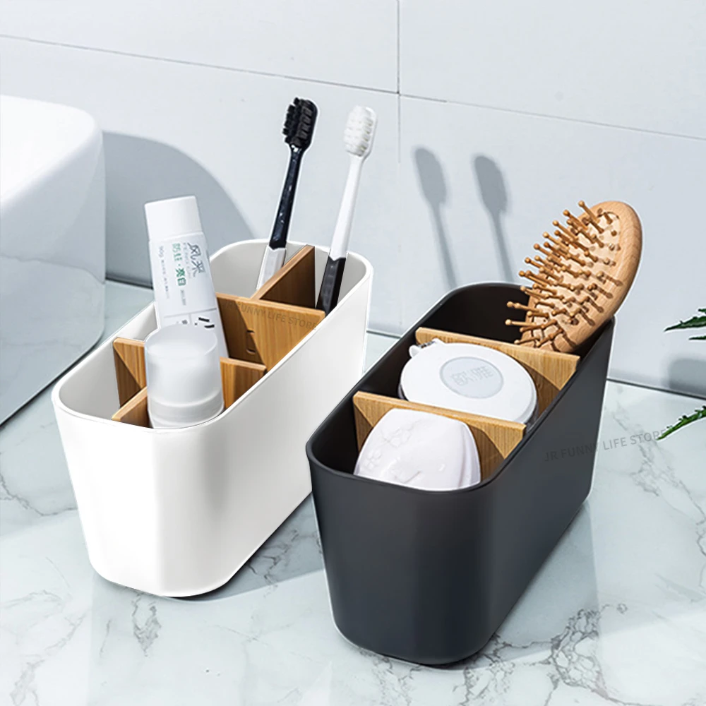 Soporte para cepillo de dientes eléctrico de bambú, caja de almacenamiento para brochas de maquillaje, soporte para pasta de dientes, accesorios de baño