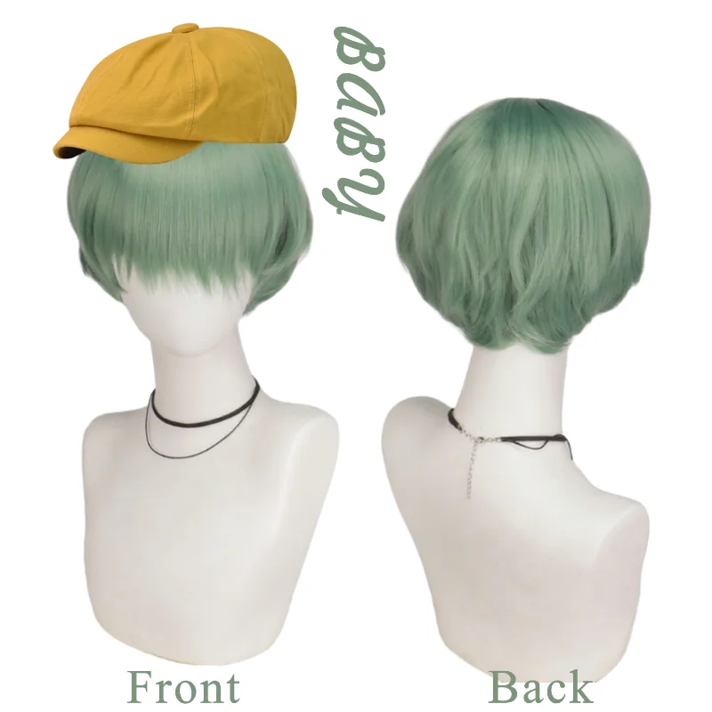 Peruka Cosplay Anime K-pop Demon Saja Boys Baby Green z Żółtą Czapką Halloween Cartoon Hunters Odporna na Ciepło Syntetyczna Peruka Rekwizyt
