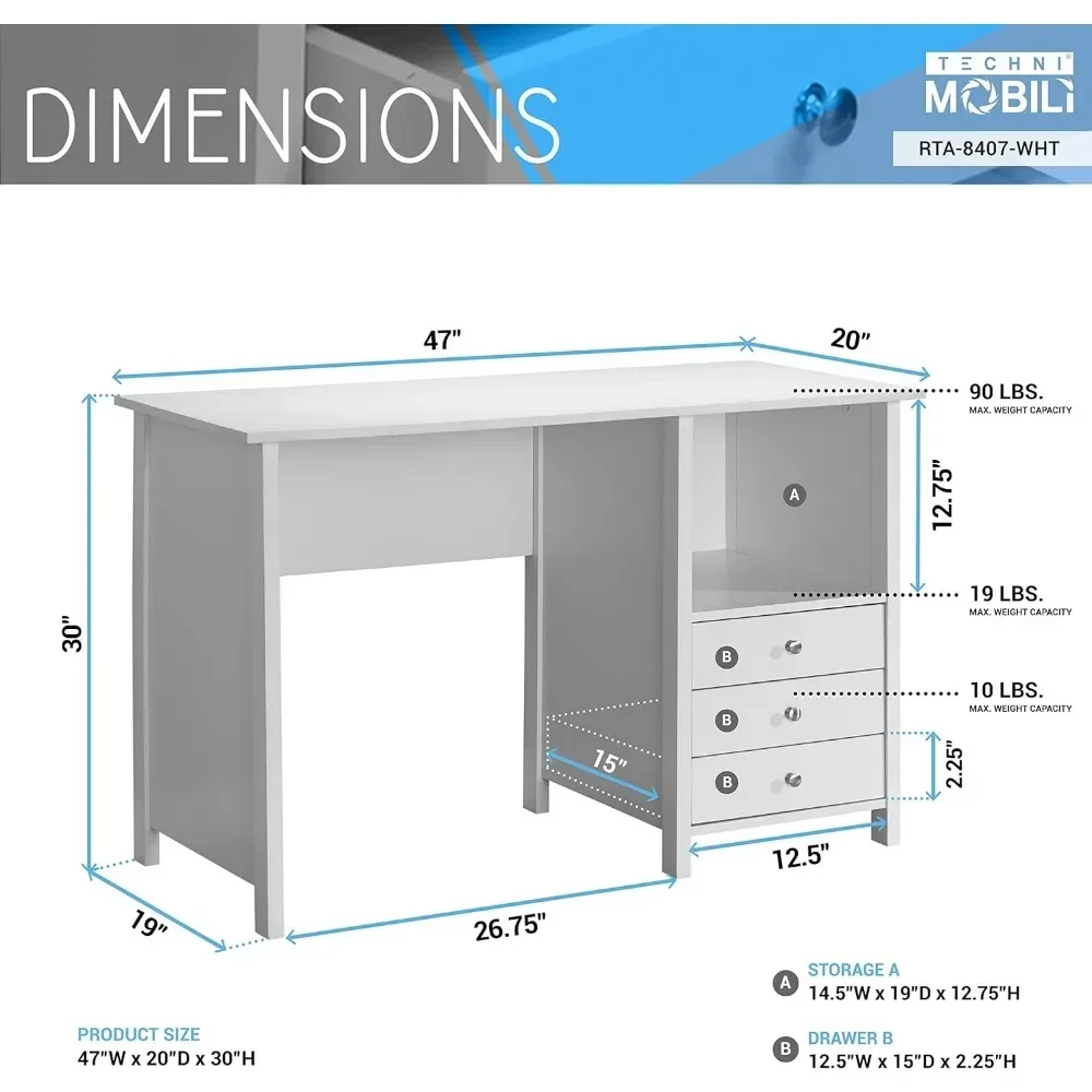 White Desk with Drawers - Small Office Desk with 3 Cabinet Drawers, Open Shelf, & Laminated Wooden Panels Office & Study Table