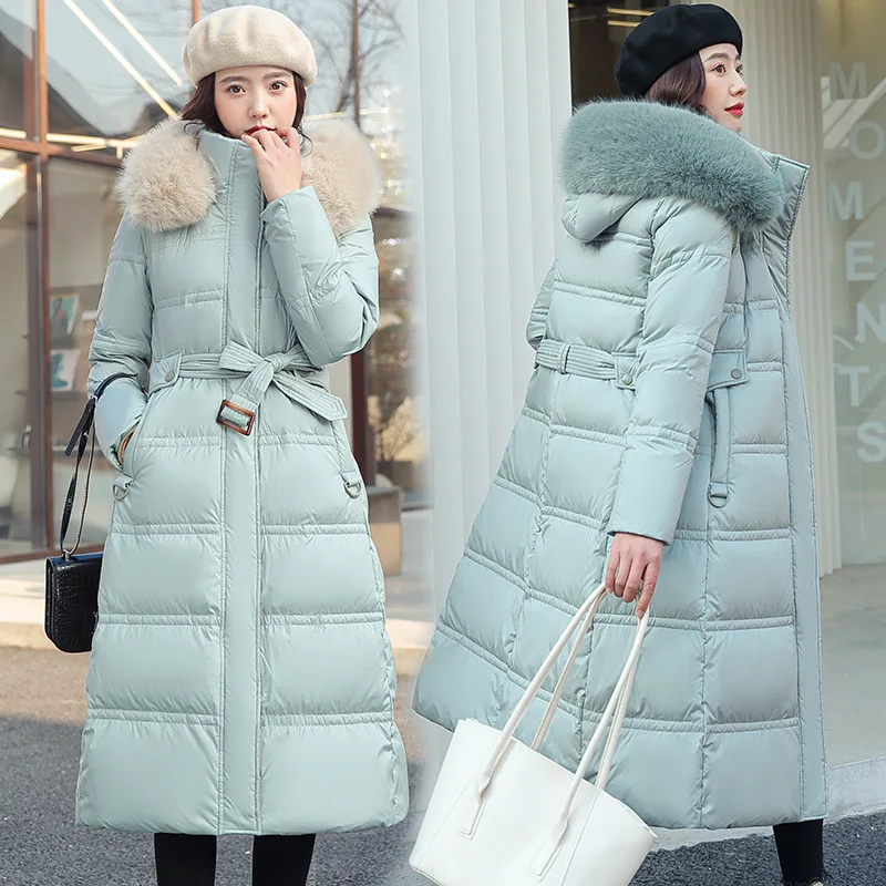 Chaqueta larga Parker para mujer, abrigos gruesos y cálidos, abrigo coreano blanco y negro con capucha de tendencia de bloque tejido, Parkas 2022