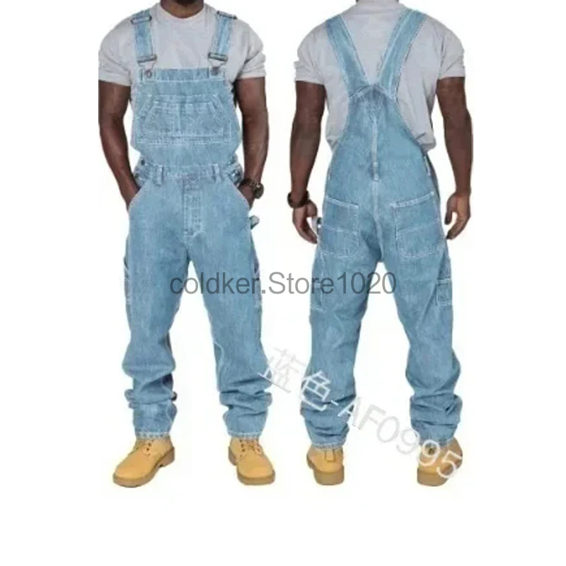 Nuevos monos de mezclilla para hombre, peleles rectos holgados con múltiples bolsillos informales, pantalones vaqueros con tirantes ajustables a la moda para hombre